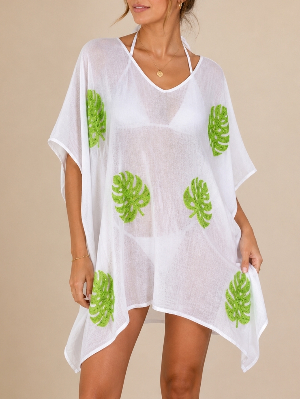 Mud Pie Monstera Leaf Kaftan Cover-Up | White & Green | OSFM Tropical Resortwear